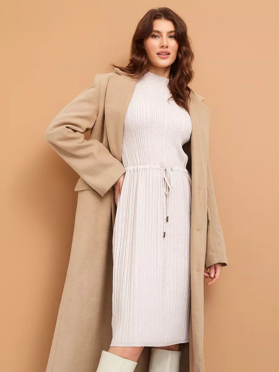 Damen Strickkleid mit Taillenkordelzug und elegantem Stehkragen Heidi-Mode