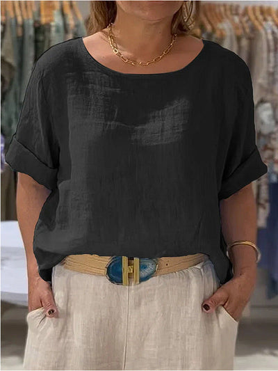 Damen lässige Leinenbluse mit umschlagbaren Ärmeln und elegantem Rundhalsausschnitt Heidi-Mode