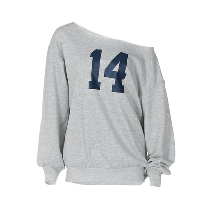 Damen sportlicher Oversized Pullover mit Off-Shoulder Schnitt und auffälligem Print Heidi-Mode