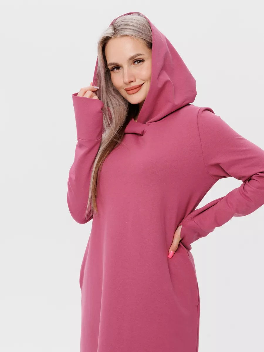 Damen kuscheliges Sweatkleid mit Kapuze und Eingrifftaschen Heidi-Mode