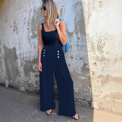 Damen High-Waist Palazzo-Hosen mit modischen Knopfdetails Heidi-Mode