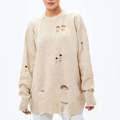 Damen Oversized Strickpullover mit Fransen und Loch-Design Heidi-Mode