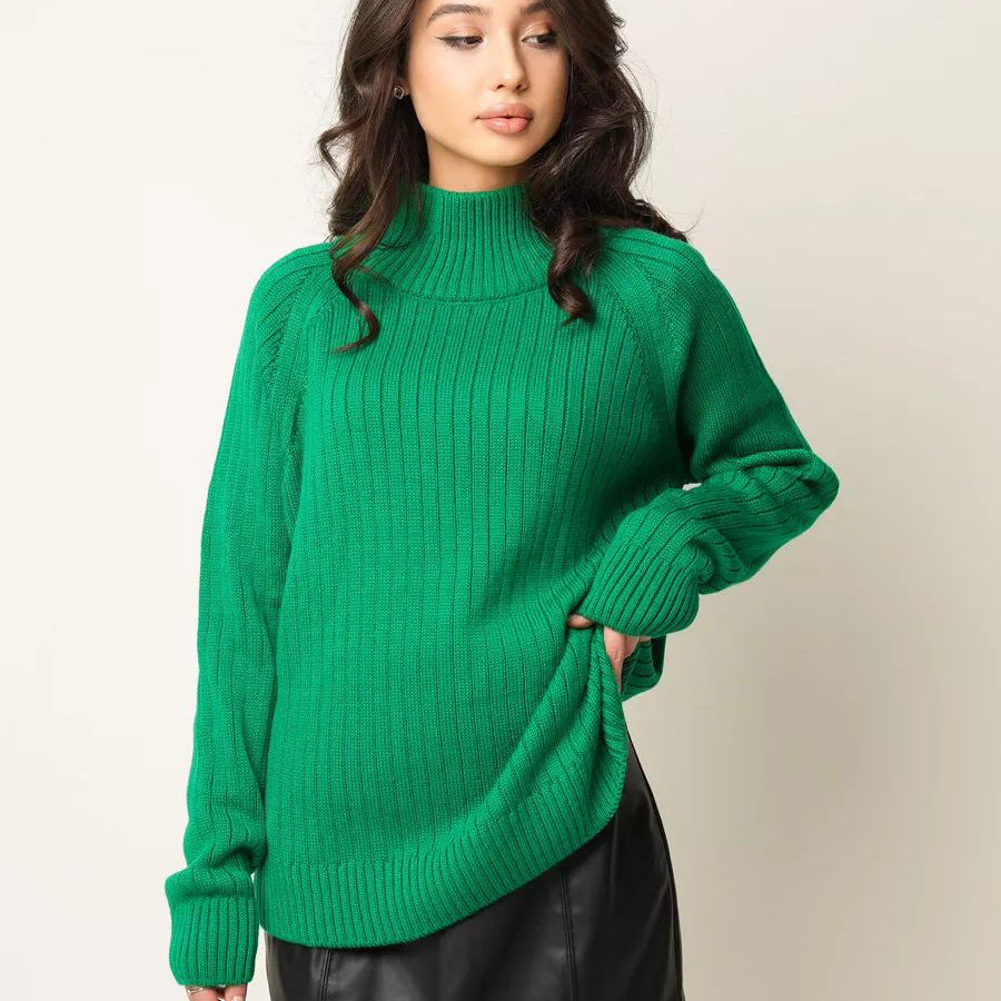 Damen kuscheliger Strickpullover mit hohem Kragen und feiner Rippstruktur Heidi-Mode