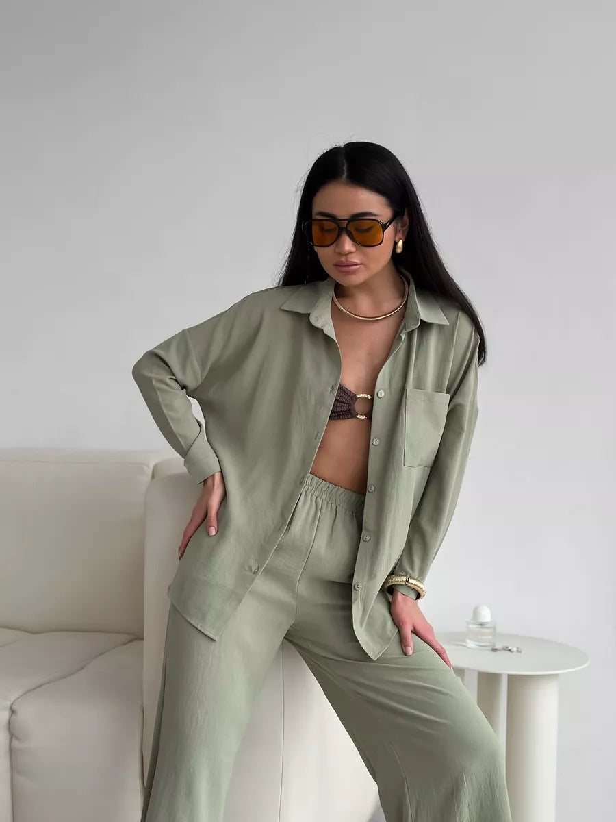 Damen lockerer Leinen-Hosenset mit eleganter Bluse und elastischem Bund Heidi-Mode