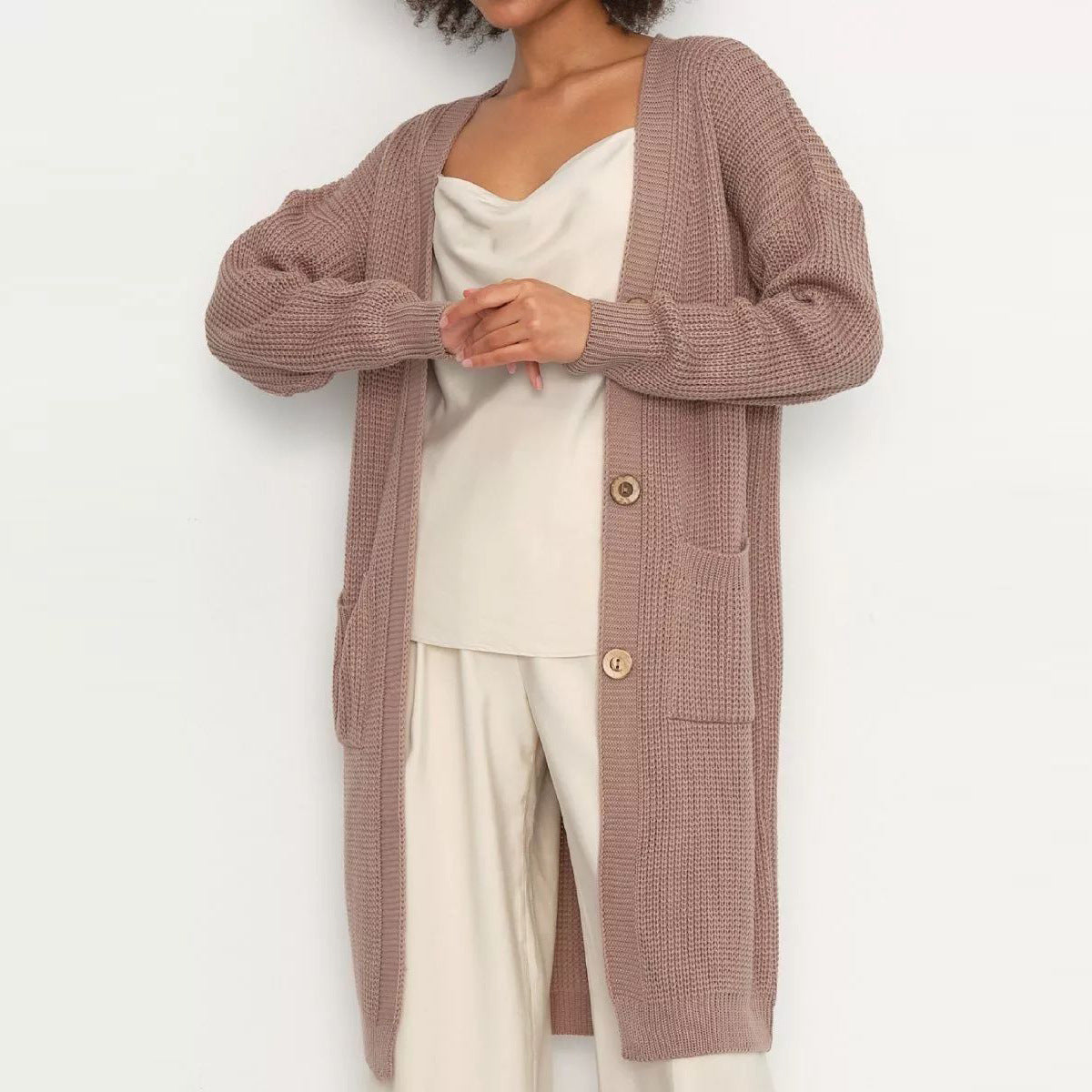 Damen lässiger Strickcardigan mit Knopfverschluss und Taschen Heidi-Mode