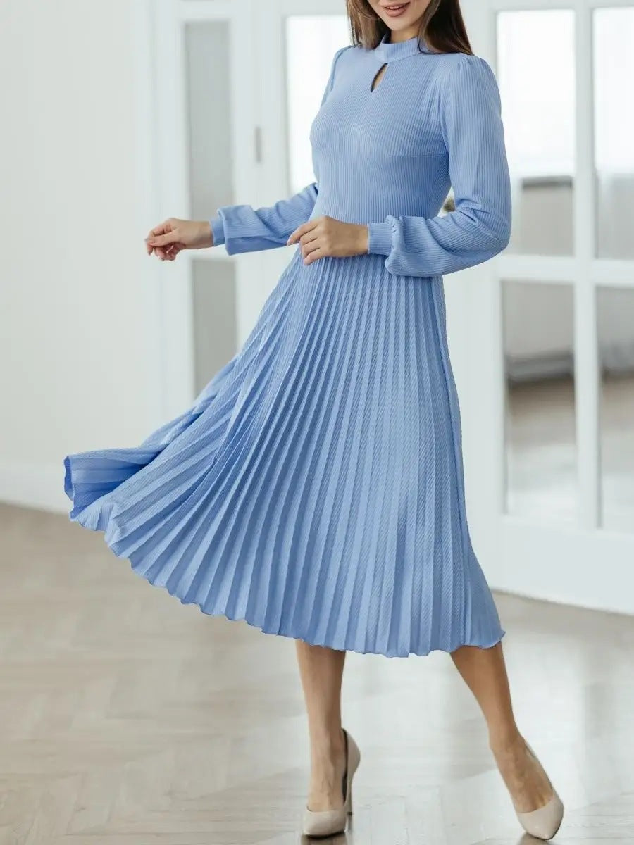 Damen elegantes Midi-Kleid mit Plisseedetails und Stehkragen Heidi-Mode