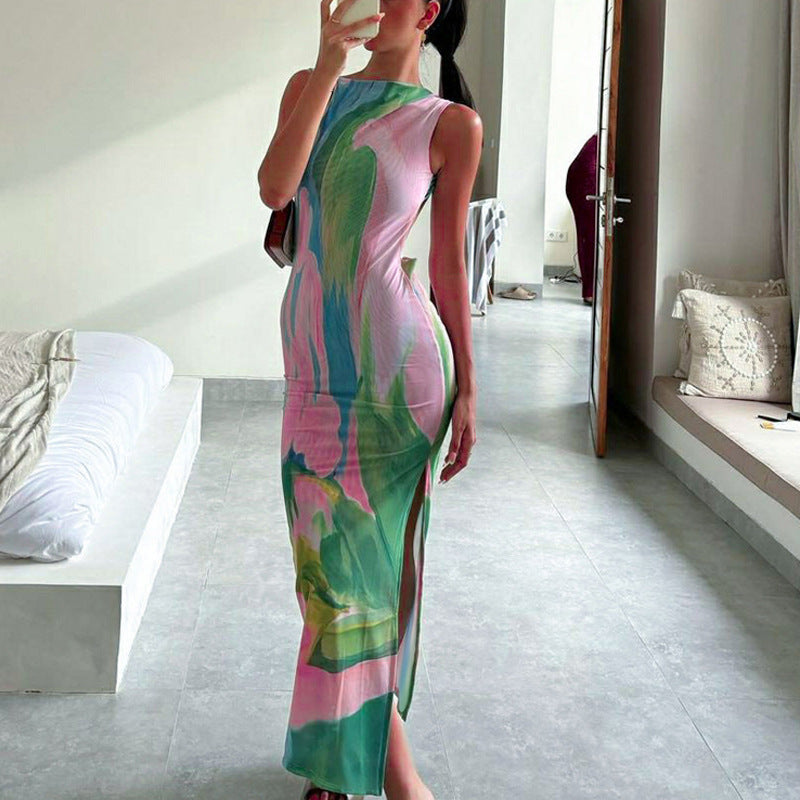Damen Maxikleid mit buntem Floral Design und hohem Schlitz Heidi-Mode