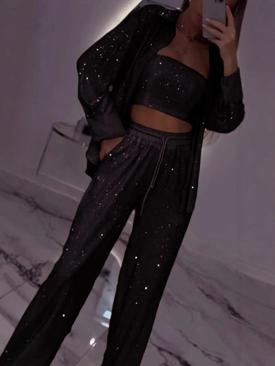 Damen Glitzerndes Lounge-Set mit modischer Jacke und komfortabler Hose Heidi-Mode