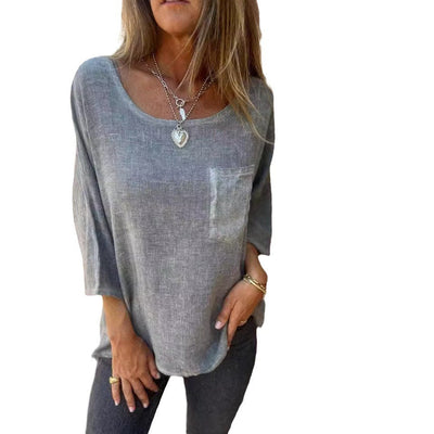 Damen lässiges Linenshirt mit praktischer Brusttasche und weitem Schnitt Heidi-Mode