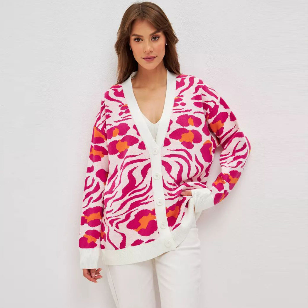Damen stylischer Strickcardigan mit buntem Muster und lockerem Schnitt Heidi-Mode