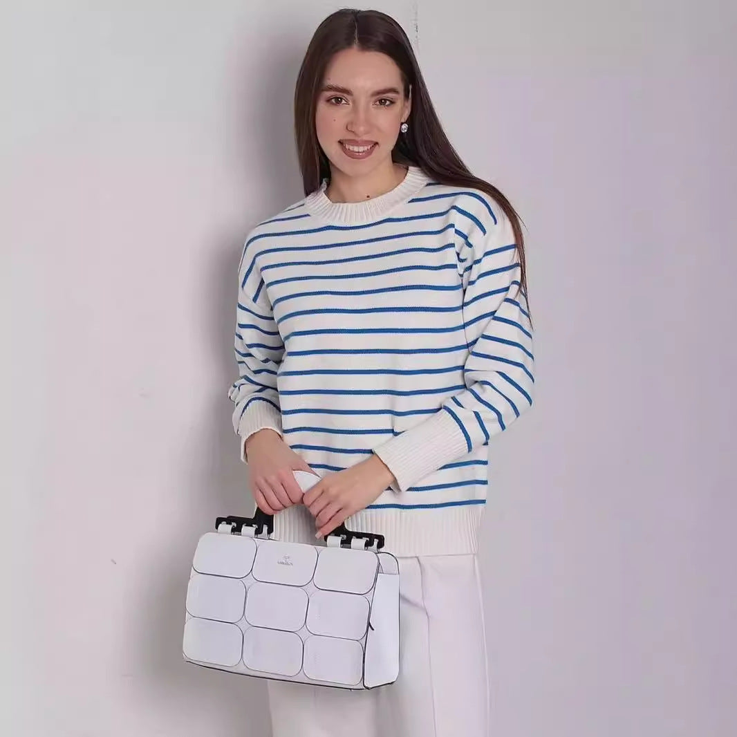 Damen lässiger Streifenpullover mit weitem Schnitt und hochgeschlossenem Rundhalsausschnitt Heidi-Mode