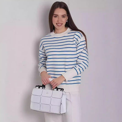 Damen lässiger Streifenpullover mit weitem Schnitt und hochgeschlossenem Rundhalsausschnitt Heidi-Mode