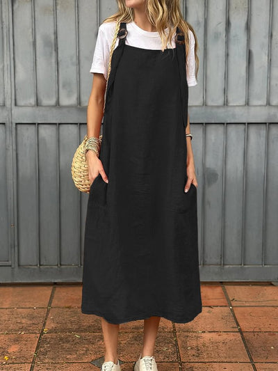 Damen Lässiges Leinenkleid mit praktischen Trägerdetails und großen Taschen Heidi-Mode