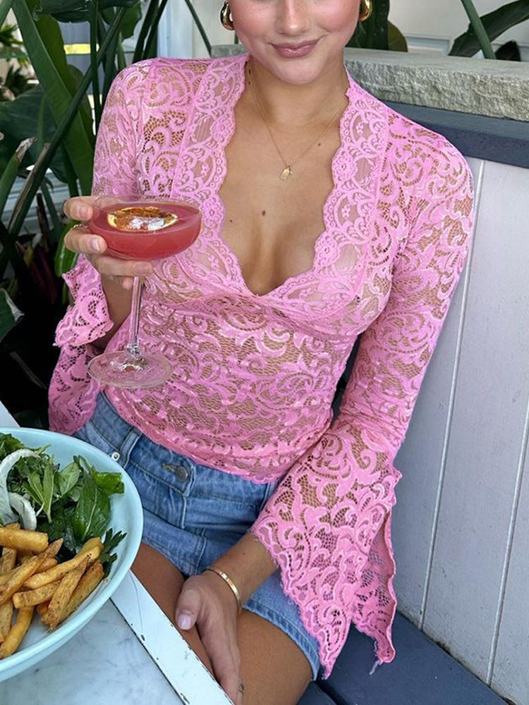 Damen Spitzenoberteil mit tiefem V-Ausschnitt und ausgestellten Ärmeln Heidi-Mode