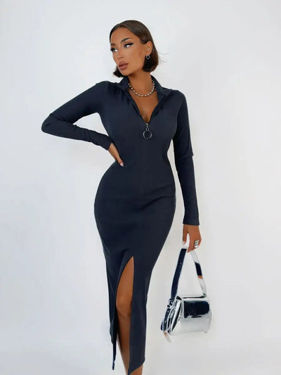 Damen figurbetontes Maxikleid mit tiefem V-Ausschnitt und luxuriösem Zipper-Detail Heidi-Mode