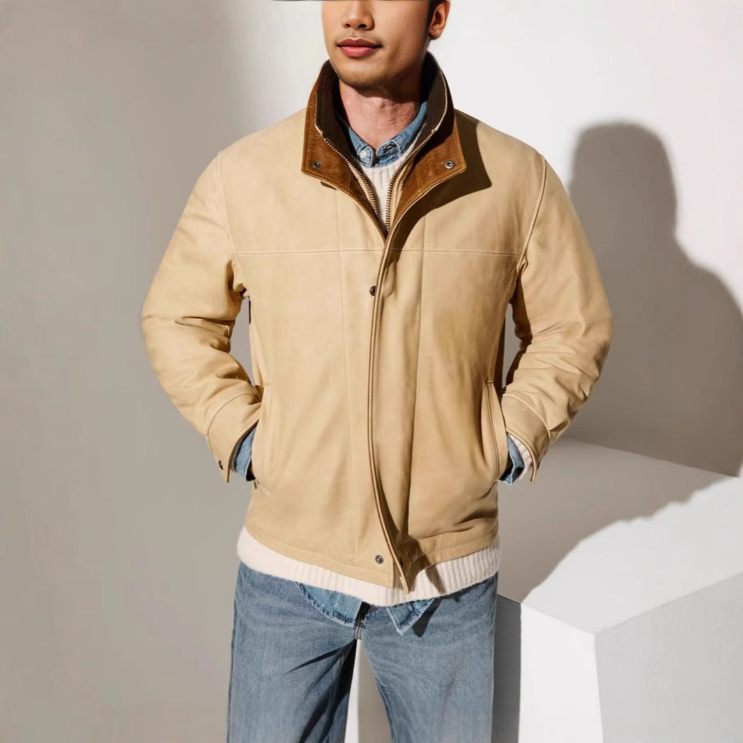 Herren elegante Lederjacke mit hochgezogenem Kragen Aliams