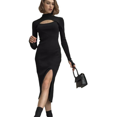 Damen figurbetontes Strickkleid mit raffiniertem Cut-Out und hohem Schlitz Heidi-Mode