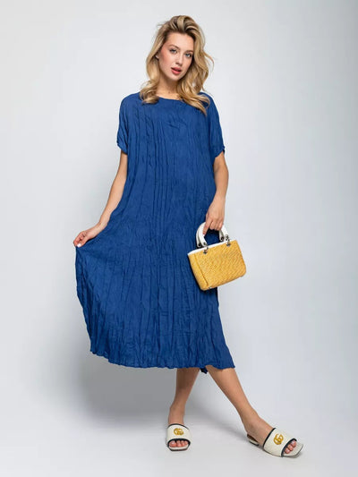 Damen lässiges Midikleid aus leichtem Stoff mit Faltenwurf und kurzem Arm Heidi-Mode