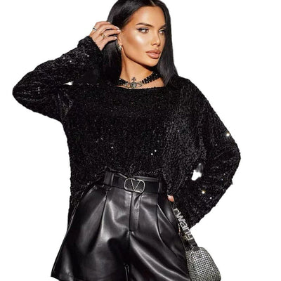 Damen Glitzerndes Oversized Oberteil mit funkelnden Pailletten Heidi-Mode