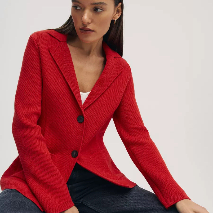 Damen strukturierte Blazerjacke mit elegantem Revers und funktionalen Taschen Heidi-Mode