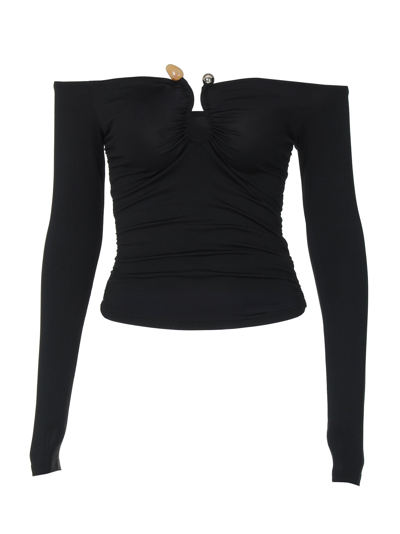 Damen Off-Shoulder Oberteil mit feinen Raffungselementen und langen Ärmeln Heidi-Mode