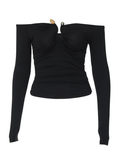 Damen Off-Shoulder Oberteil mit feinen Raffungselementen und langen Ärmeln Heidi-Mode