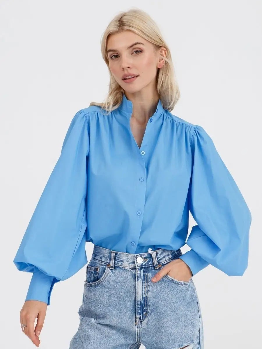 Damen Bluse mit Puffärmeln und hohem Kragen Heidi-Mode