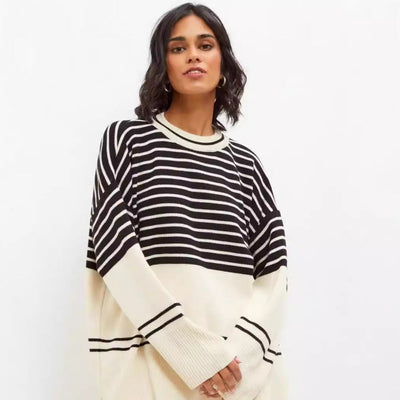 Damen lässiger Strickpullover mit breitem Streifenmuster und lässigem Schnitt Heidi-Mode