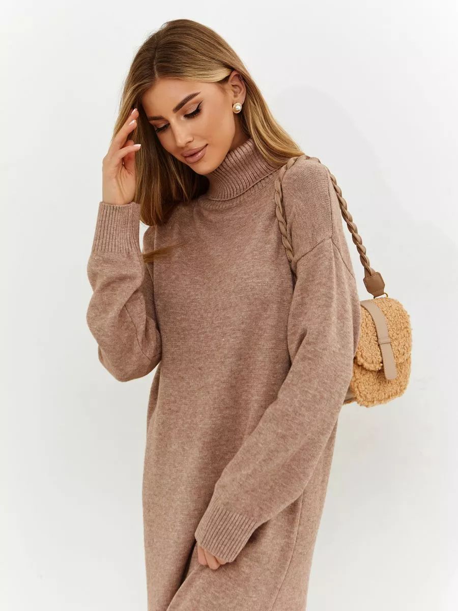 Damen lässiges Strickkleid mit hohem Rollkragen und weitem Schnitt Heidi-Mode