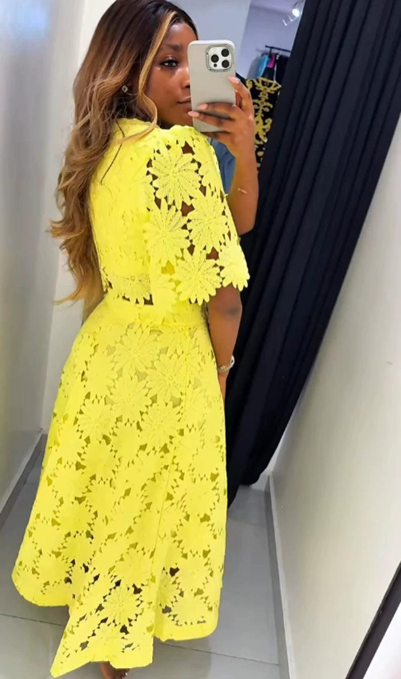 Damen Elegantes Spitzen-Outfit mit kurzem Oberteil und langem Rock Heidi-Mode