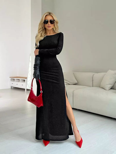 Damen Glamouröses Maxikleid mit langem Arm und eleganter Rückenansicht Heidi-Mode