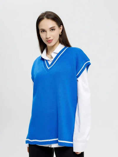 Damen Strickweste mit v-förmigem Ausschnitt und sportlichen Akzenten Heidi-Mode