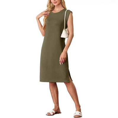 Damen Freizeitkleid mit eleganten Seitenschlitzen und Rundhalsausschnitt Heidi-Mode