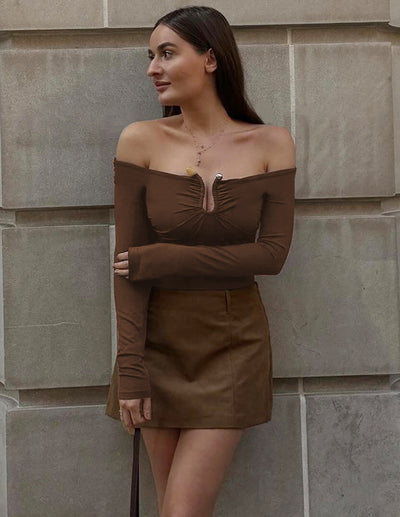 Damen Off-Shoulder Oberteil mit feinen Raffungselementen und langen Ärmeln Heidi-Mode