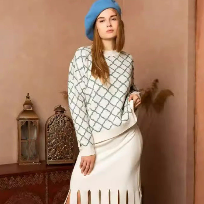 Damen lässiger Pullover mit stilvollem Mustermix und gerippten Bündchen Heidi-Mode