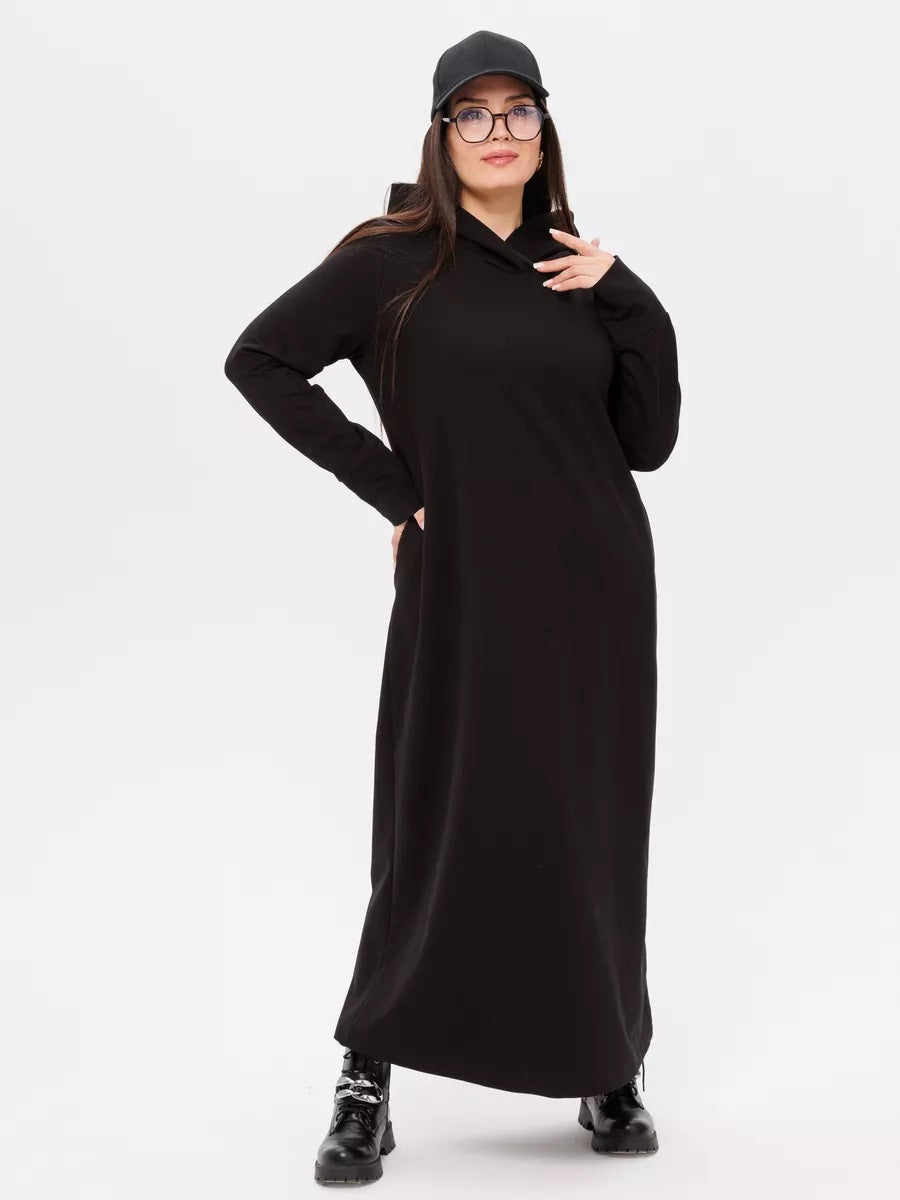 Damen kuscheliges Sweatkleid mit Kapuze und Eingrifftaschen Heidi-Mode