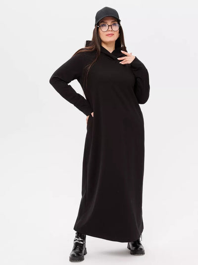 Damen kuscheliges Sweatkleid mit Kapuze und Eingrifftaschen Heidi-Mode