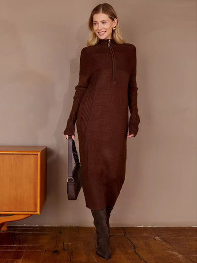 Damen Strickdress mit hochschließendem Kragen und Reißverschluss Heidi-Mode
