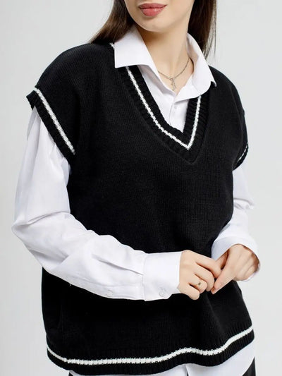 Damen Strickweste mit v-förmigem Ausschnitt und sportlichen Akzenten Heidi-Mode