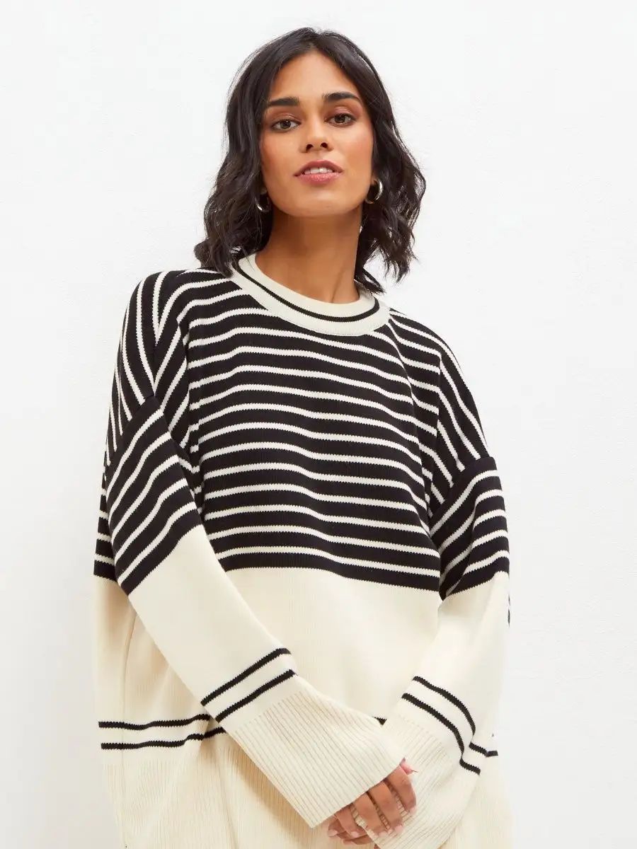 Damen lässiger Strickpullover mit breitem Streifenmuster und lässigem Schnitt Heidi-Mode