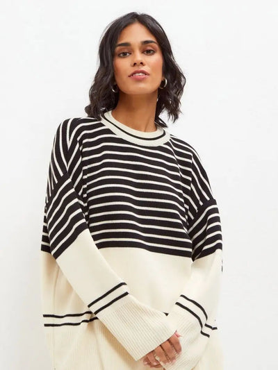 Damen lässiger Strickpullover mit breitem Streifenmuster und lässigem Schnitt Heidi-Mode