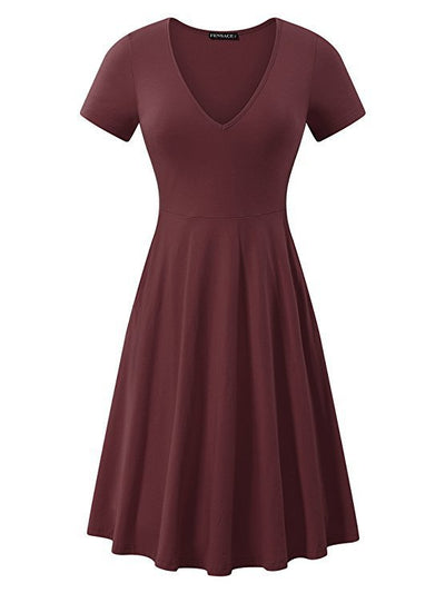 Damen A-Linien Kleid mit tiefem V-Ausschnitt und kurzem Ärmel Heidi-Mode
