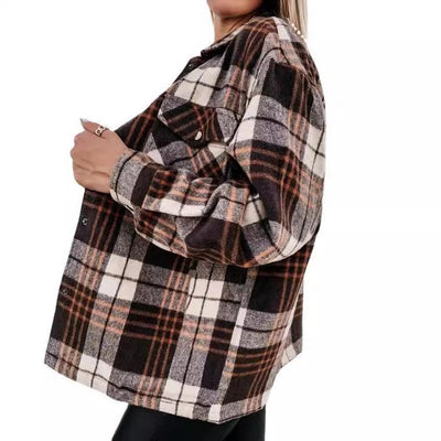 Damen Blockkariertes Overshirt mit zwei Brusttaschen und Druckknopfverschluss Heidi-Mode