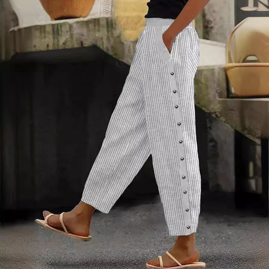 Damen Gestreifte Freizeithose mit Knopfdetails Heidi-Mode