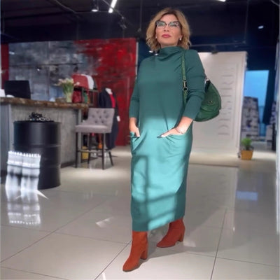 Damen Elegantes Midi-Kleid mit hochgeschlossenem Kragen und langen Ärmeln Heidi-Mode