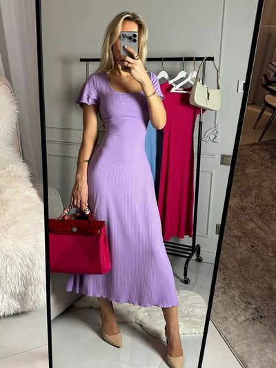 Damen Midikleid mit schickem Rippenstruktur und eleganten Puffärmeln Heidi-Mode