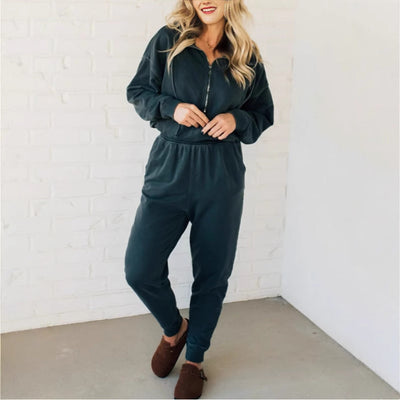 Damen Freizeit-Jumpsuit mit kurzem Reißverschluss und praktischem Gummizug Heidi-Mode