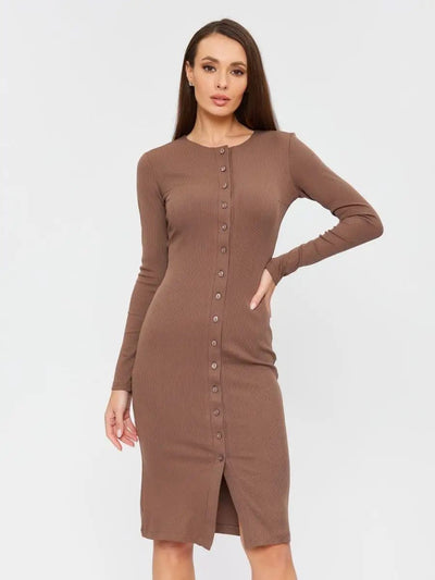 Damen figurbetontes Midi-Kleid mit Knopfleiste und elegantem V-Ausschnitt Heidi-Mode