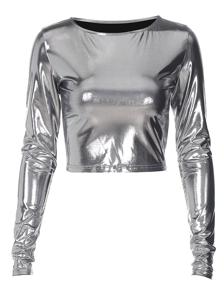 Damen Langarm Top aus schimmerndem Material mit figurbetontem Schnitt und elegantem Ausschnitt Heidi-Mode