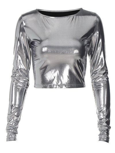 Damen Langarm Top aus schimmerndem Material mit figurbetontem Schnitt und elegantem Ausschnitt Heidi-Mode